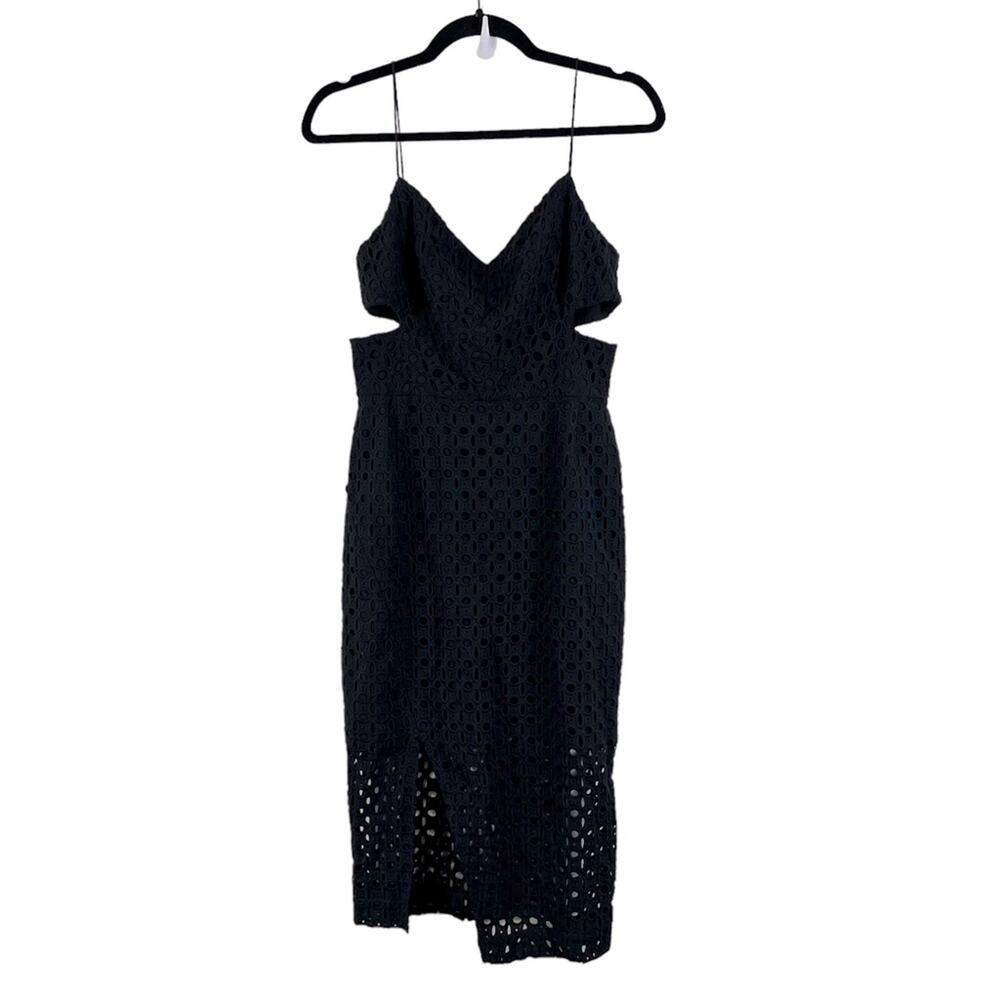 Nicholas | Midi Eyelet Cut Out Perforated Sheath Cocktail Dress Black Size 6 - Picture 2 of 9